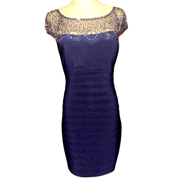 XScape Beaded Knee Length Bodycon Cocktail and Party Dress Sz 4 in Navy - Picture 3 of 12